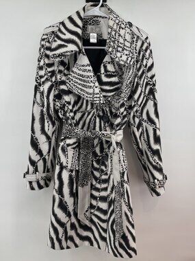 Alberto Makali Designer Trench Coat Womens 8 Black/ White 2Button Animal Lined